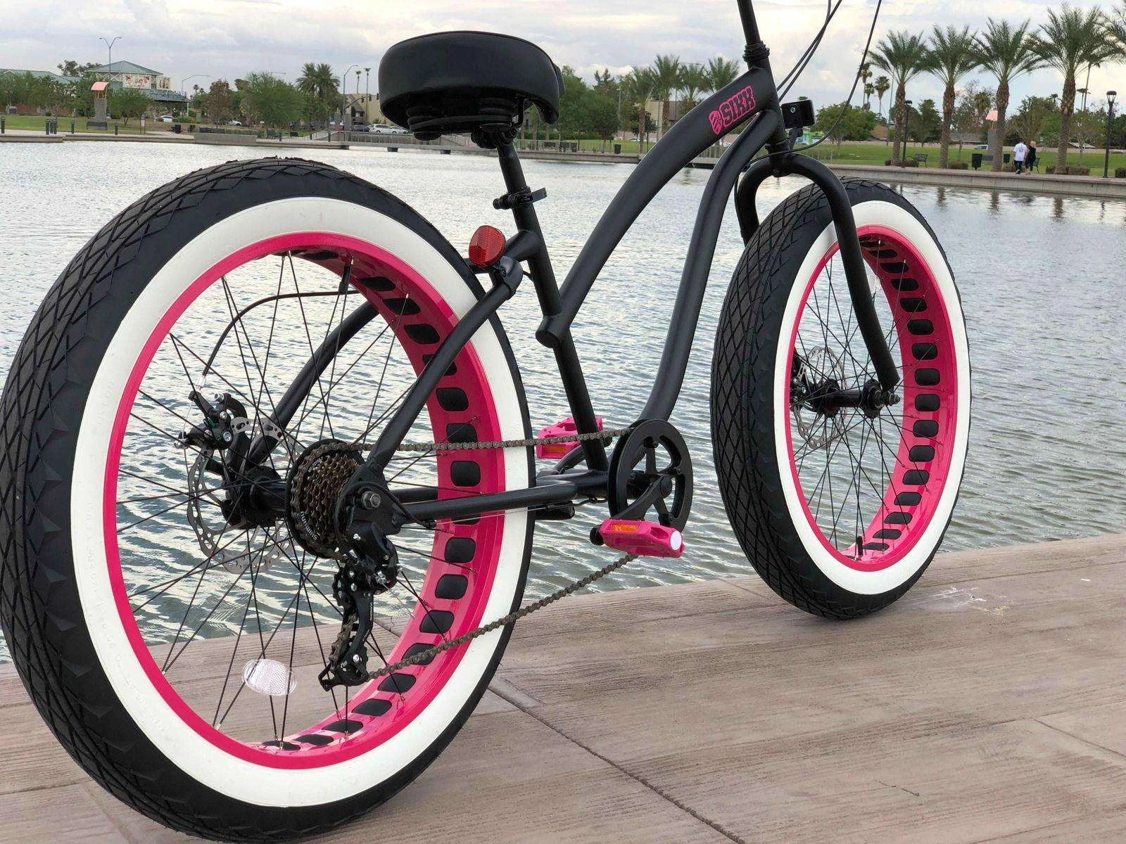 **Back In Stock** Ladies SIKK UFO 7 SPEED Flat Black Frame Pink Wheels Whitewall Tires